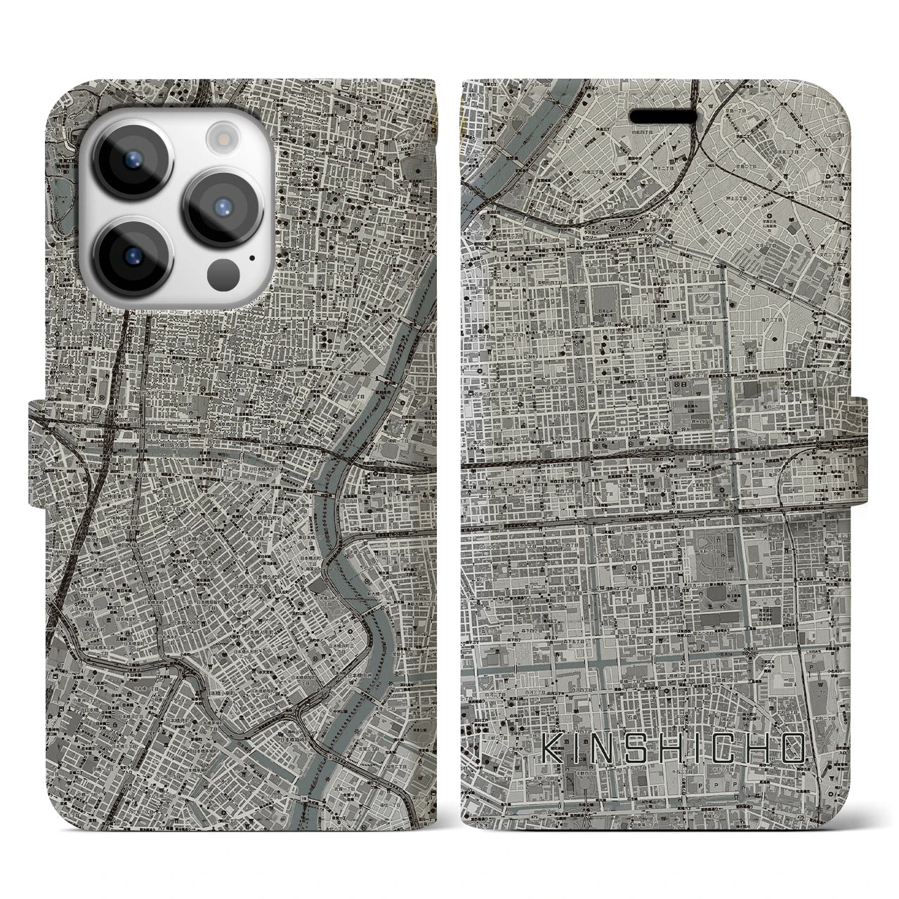 【錦糸町(東京都)】地図柄iPhoneケース(手帳タイプ)モノトーン・iPhone 14 Pro 用