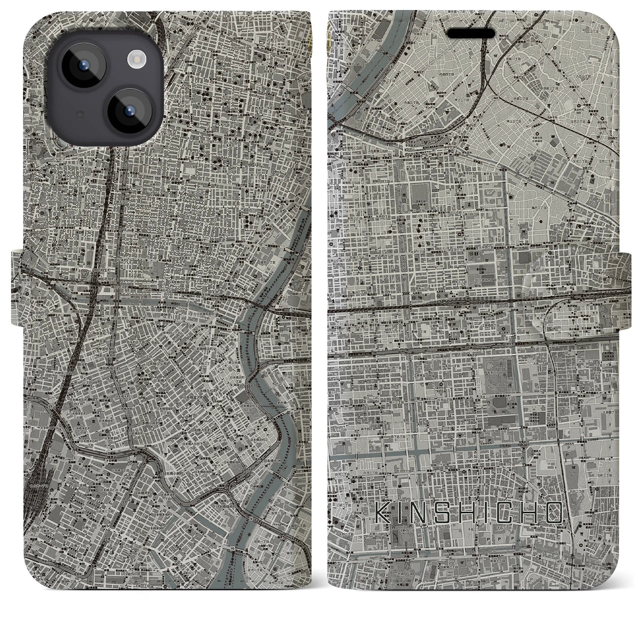 【錦糸町(東京都)】地図柄iPhoneケース(手帳タイプ)モノトーン・iPhone 14 Plus 用