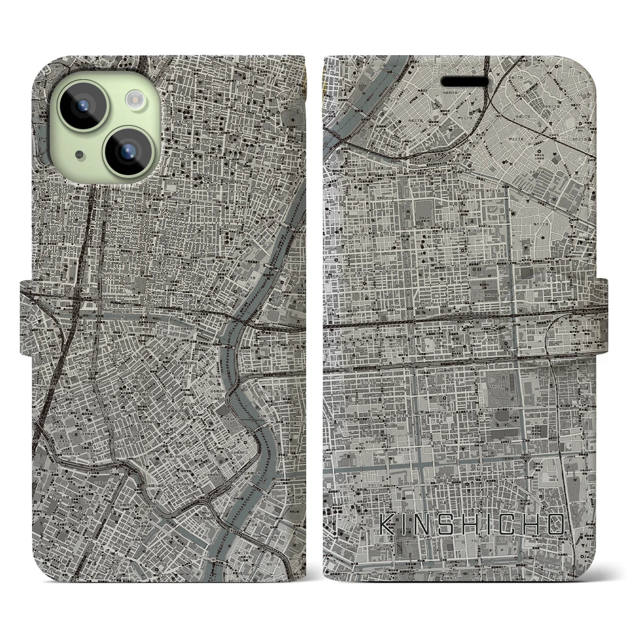 【錦糸町(東京都)】地図柄iPhoneケース(手帳タイプ)モノトーン・iPhone 15 用