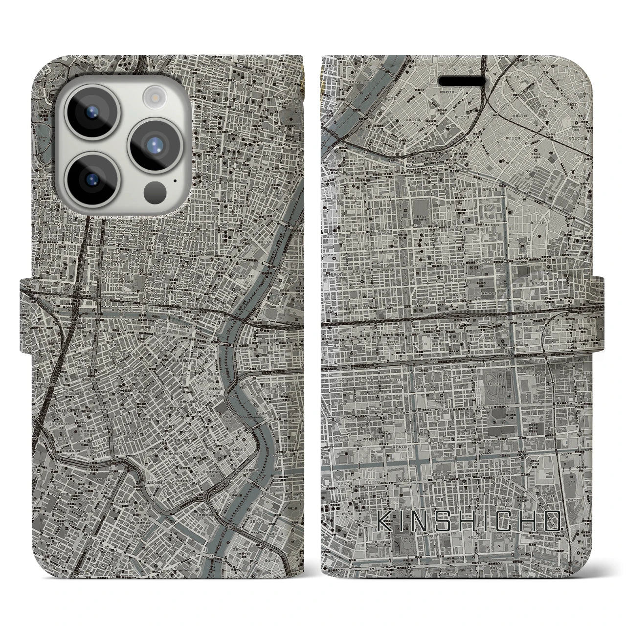 【錦糸町(東京都)】地図柄iPhoneケース(手帳タイプ)モノトーン・iPhone 15 Pro 用