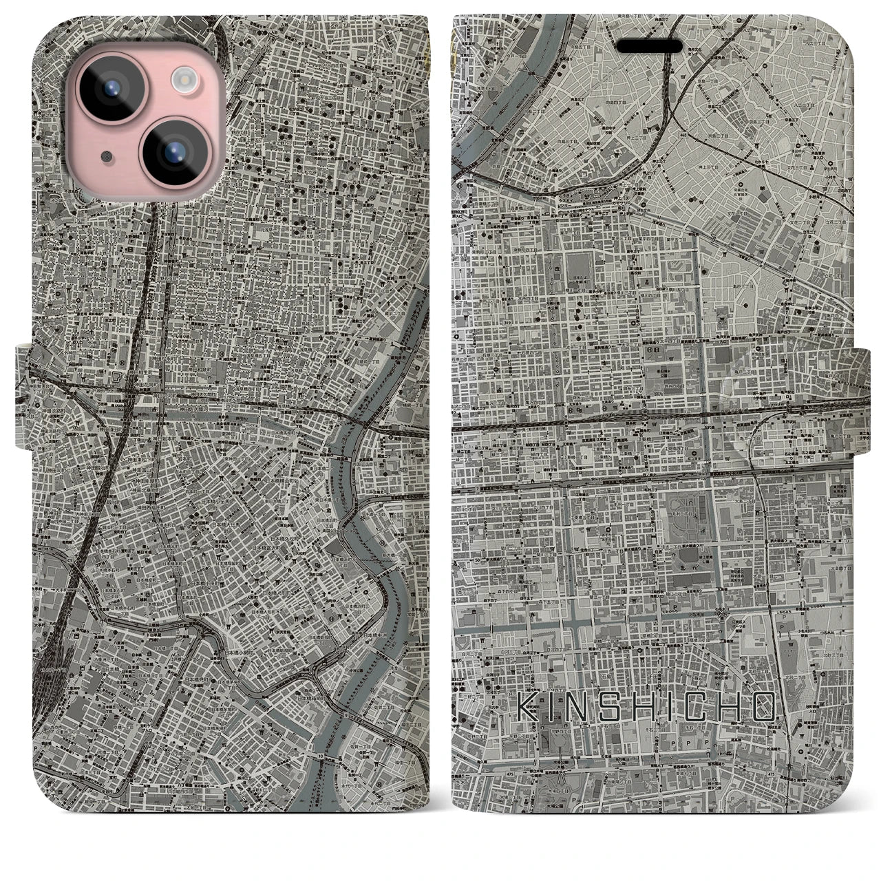 【錦糸町(東京都)】地図柄iPhoneケース(手帳タイプ)モノトーン・iPhone 15 Plus 用
