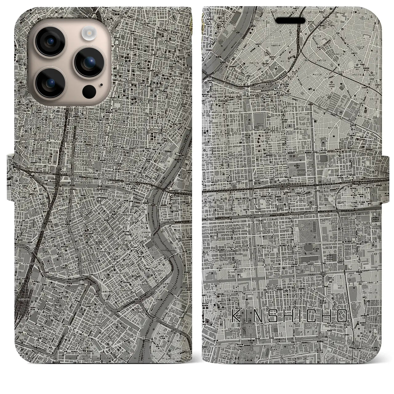 【錦糸町(東京都)】地図柄iPhoneケース(手帳タイプ)モノトーン・iPhone 16 Plus 用