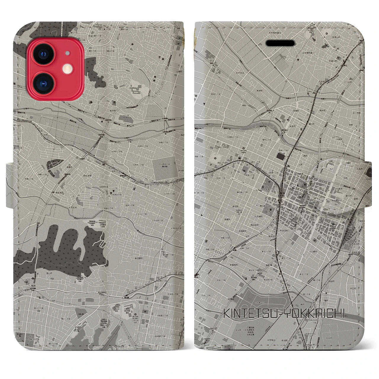 【近鉄四日市(三重県)】地図柄iPhoneケース(手帳タイプ)モノトーン・iPhone 11 用