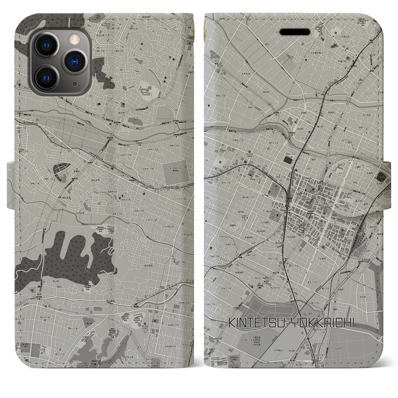 【近鉄四日市(三重県)】地図柄iPhoneケース(手帳タイプ)モノトーン・iPhone 11 Pro Max 用