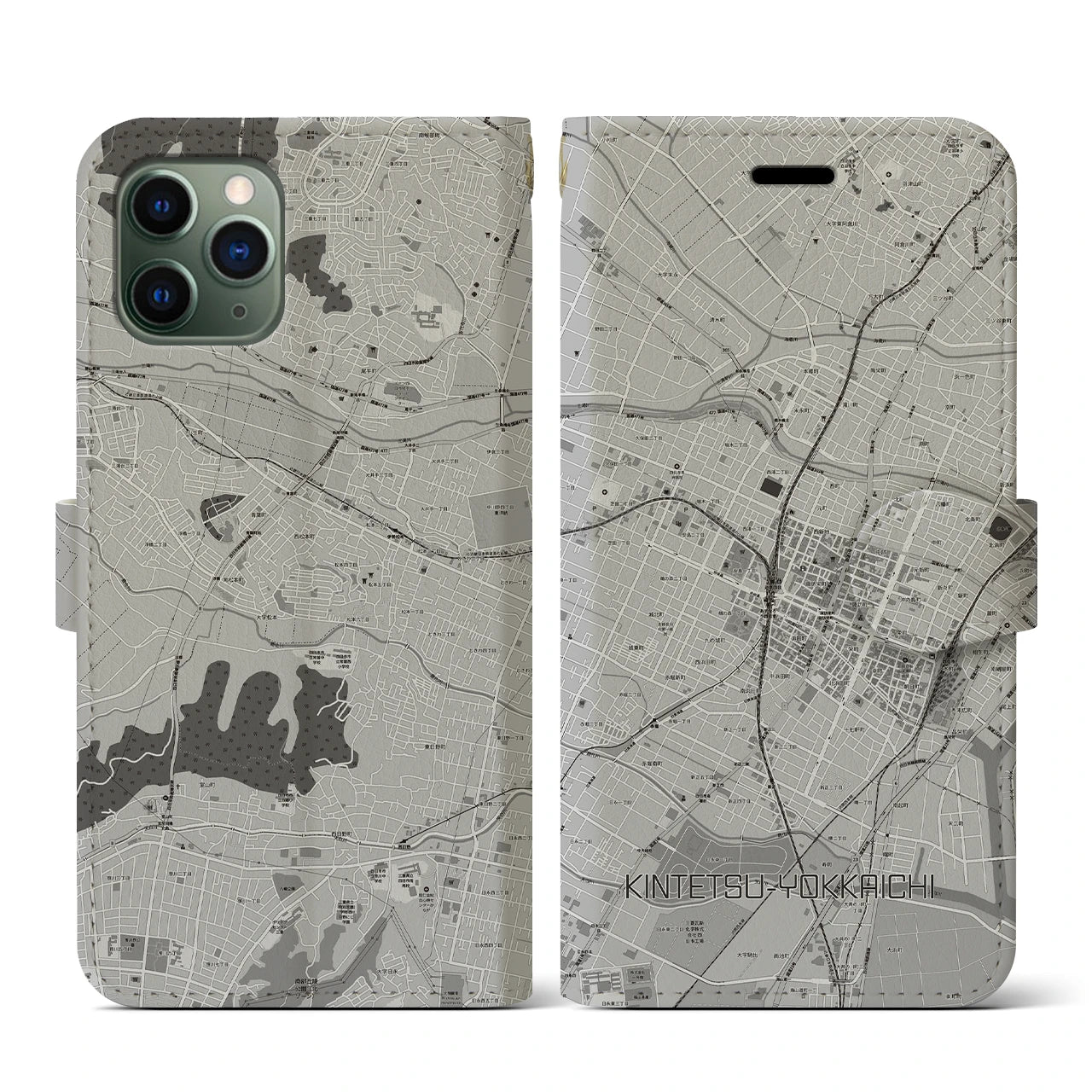【近鉄四日市(三重県)】地図柄iPhoneケース(手帳タイプ)モノトーン・iPhone 11 Pro 用