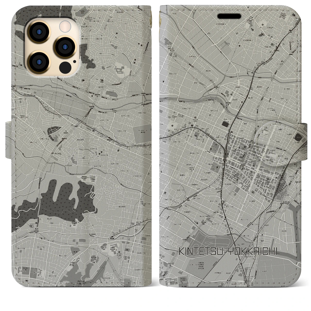 【近鉄四日市(三重県)】地図柄iPhoneケース(手帳タイプ)モノトーン・iPhone 12 Pro Max 用