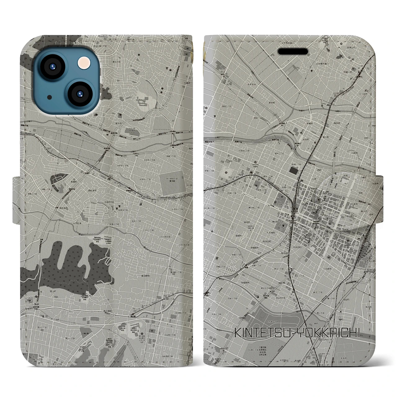 【近鉄四日市(三重県)】地図柄iPhoneケース(手帳タイプ)モノトーン・iPhone 13 用