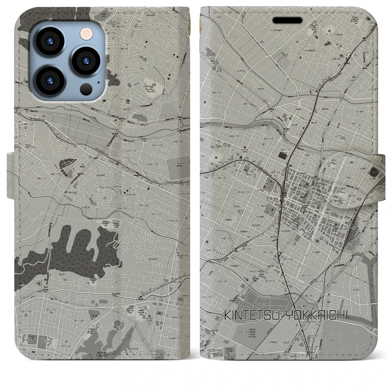 【近鉄四日市(三重県)】地図柄iPhoneケース(手帳タイプ)モノトーン・iPhone 13 Pro Max 用