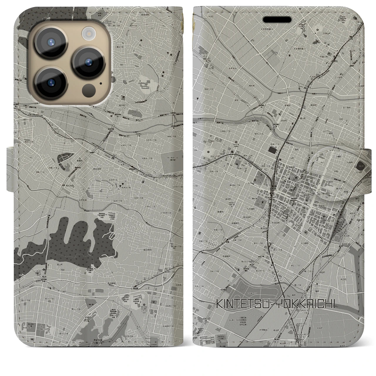 【近鉄四日市(三重県)】地図柄iPhoneケース(手帳タイプ)モノトーン・iPhone 14 Pro Max 用