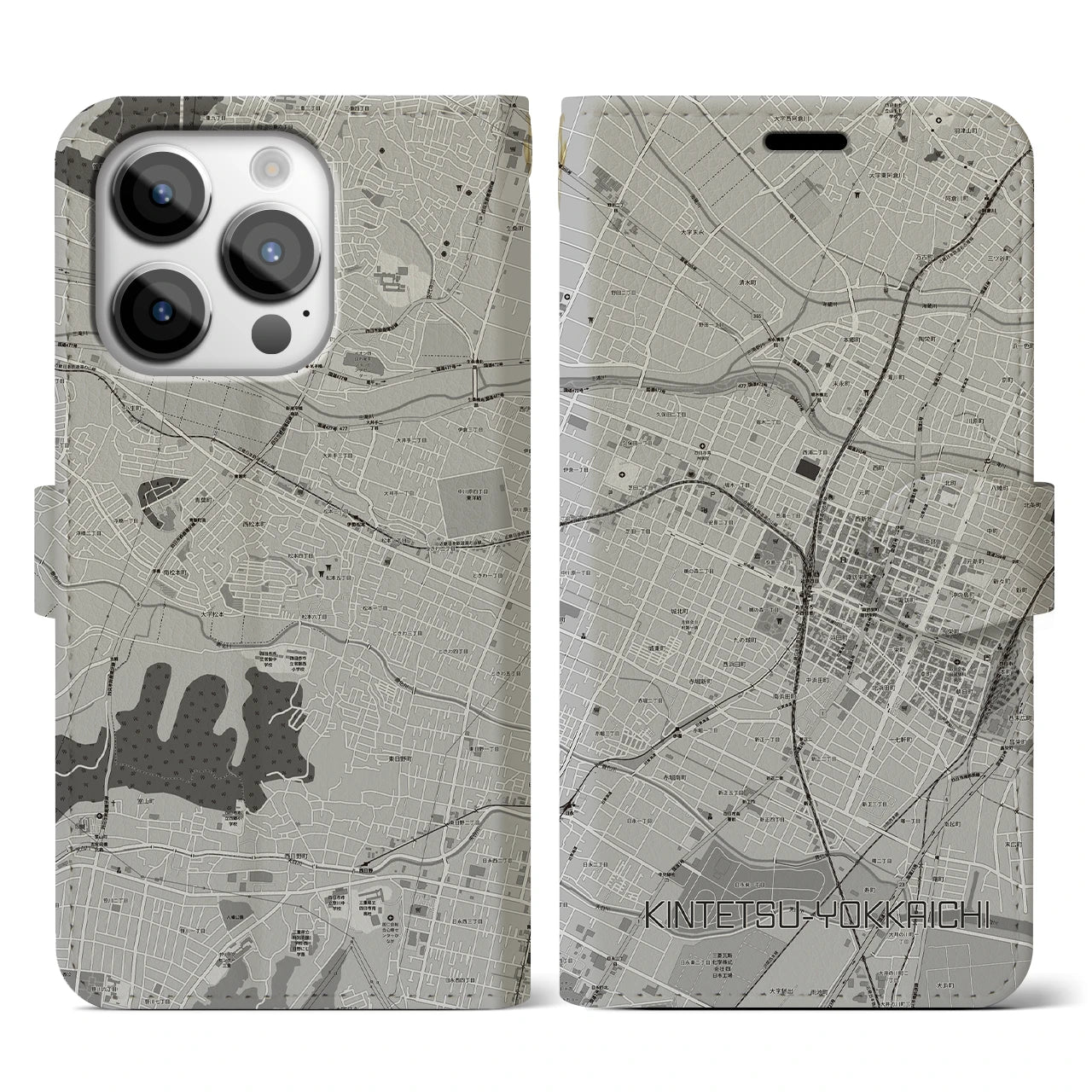 【近鉄四日市(三重県)】地図柄iPhoneケース(手帳タイプ)モノトーン・iPhone 14 Pro 用