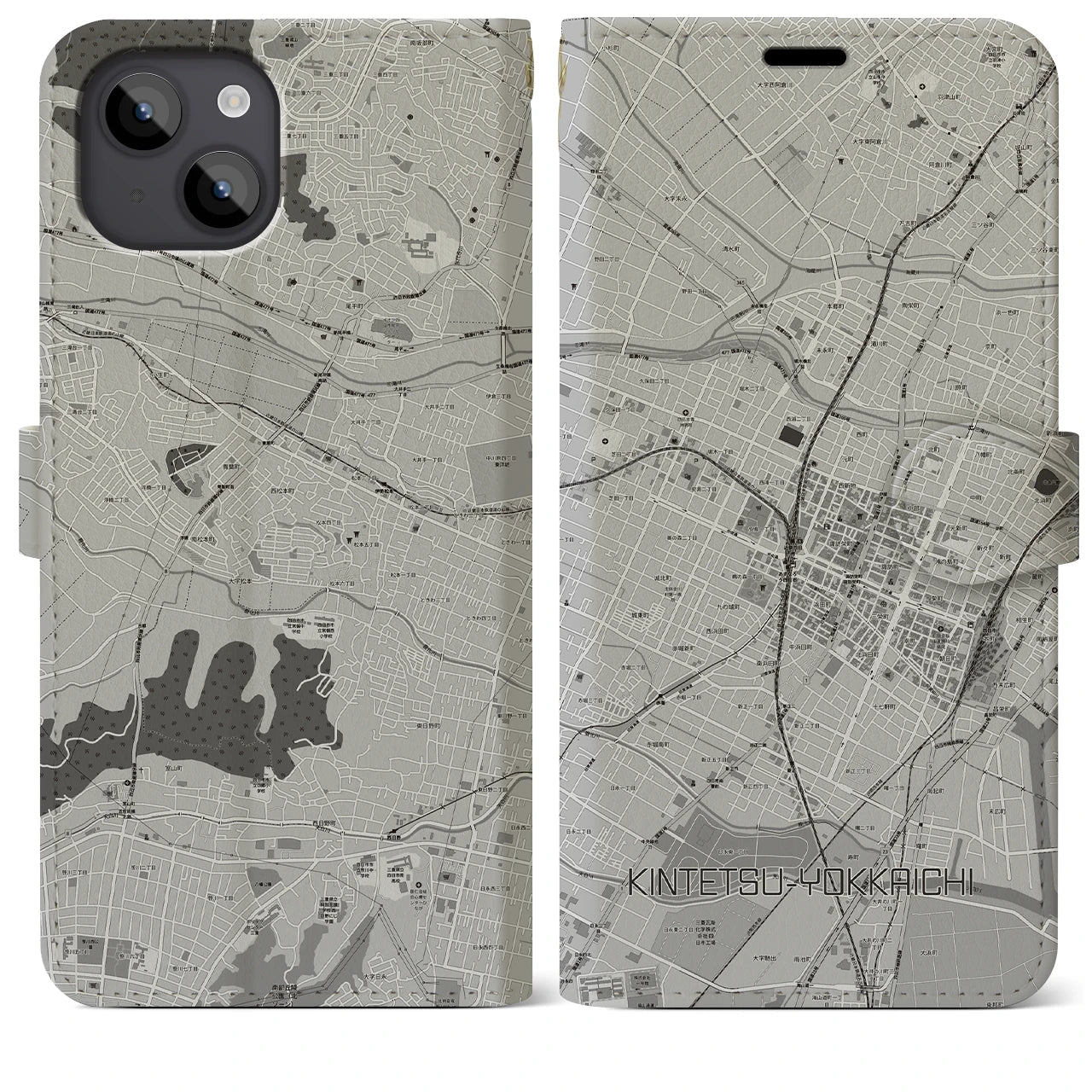 【近鉄四日市(三重県)】地図柄iPhoneケース(手帳タイプ)モノトーン・iPhone 14 Plus 用