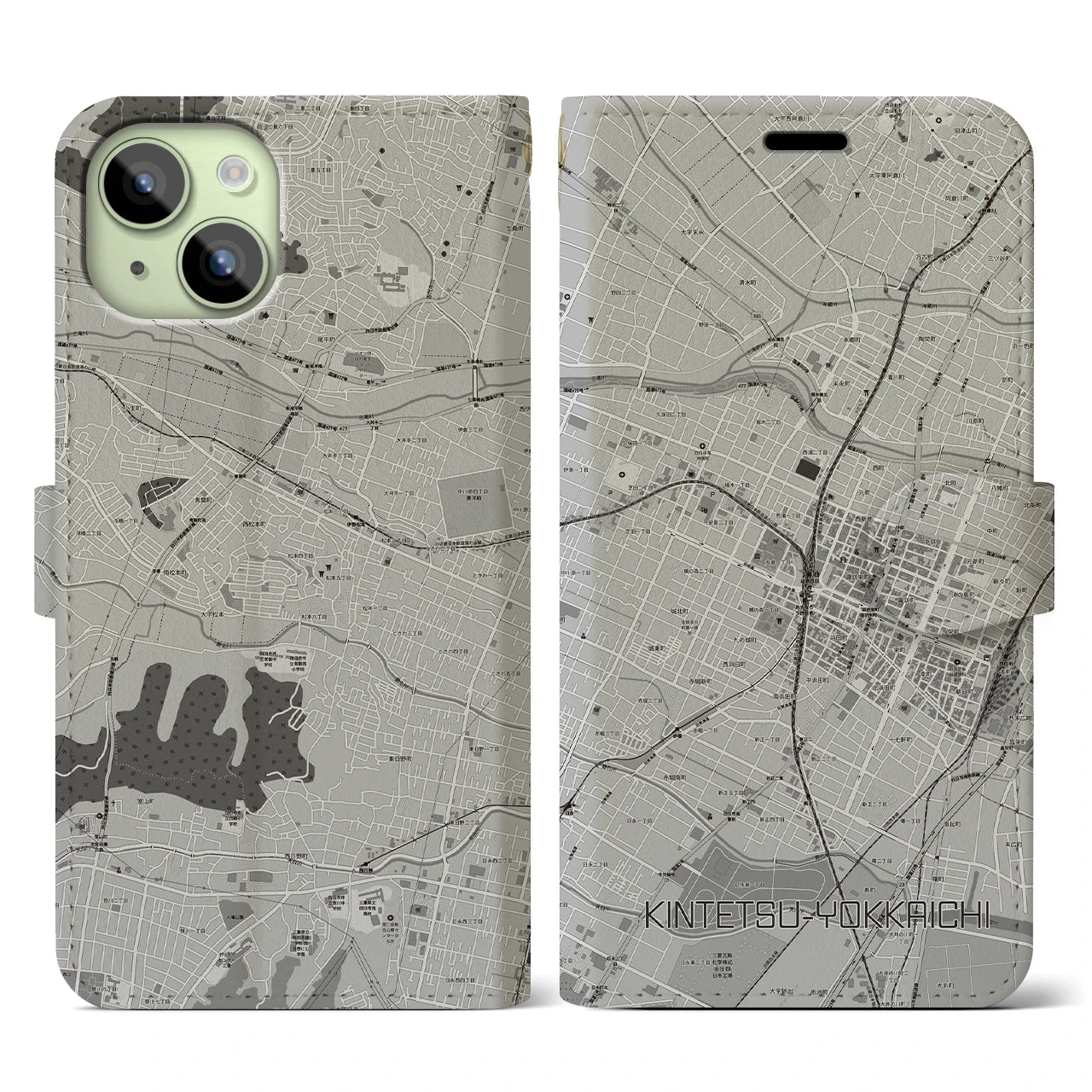 【近鉄四日市(三重県)】地図柄iPhoneケース(手帳タイプ)モノトーン・iPhone 15 用