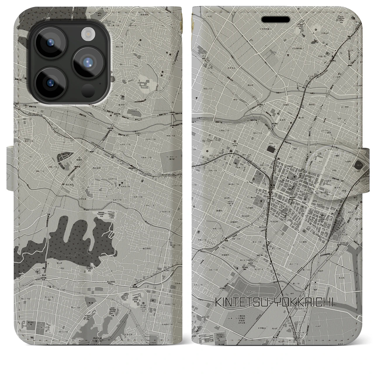 【近鉄四日市(三重県)】地図柄iPhoneケース(手帳タイプ)モノトーン・iPhone 15 Pro Max 用