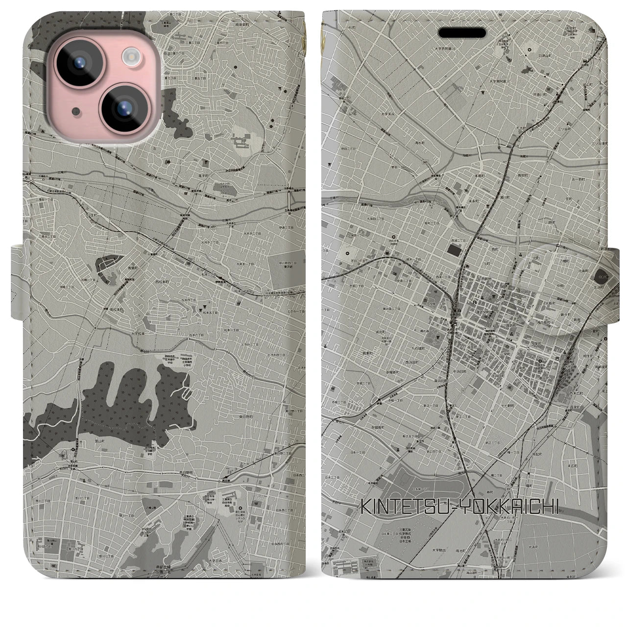 【近鉄四日市(三重県)】地図柄iPhoneケース(手帳タイプ)モノトーン・iPhone 15 Plus 用