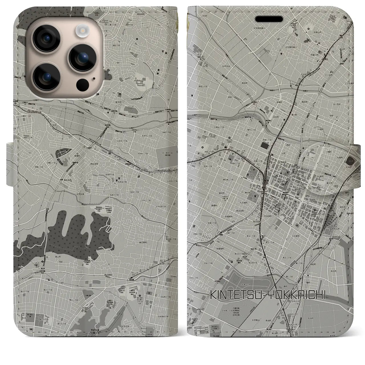 【近鉄四日市(三重県)】地図柄iPhoneケース(手帳タイプ)モノトーン・iPhone 16 Plus 用