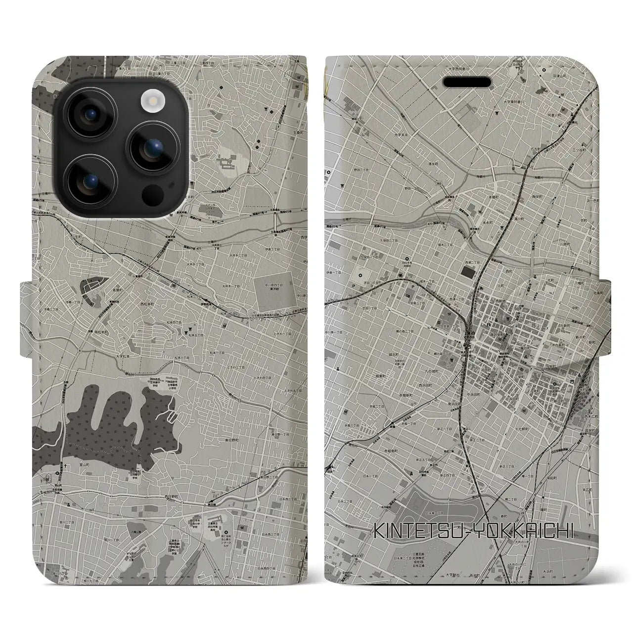 【近鉄四日市(三重県)】地図柄iPhoneケース(手帳タイプ)モノトーン・iPhone 16 用