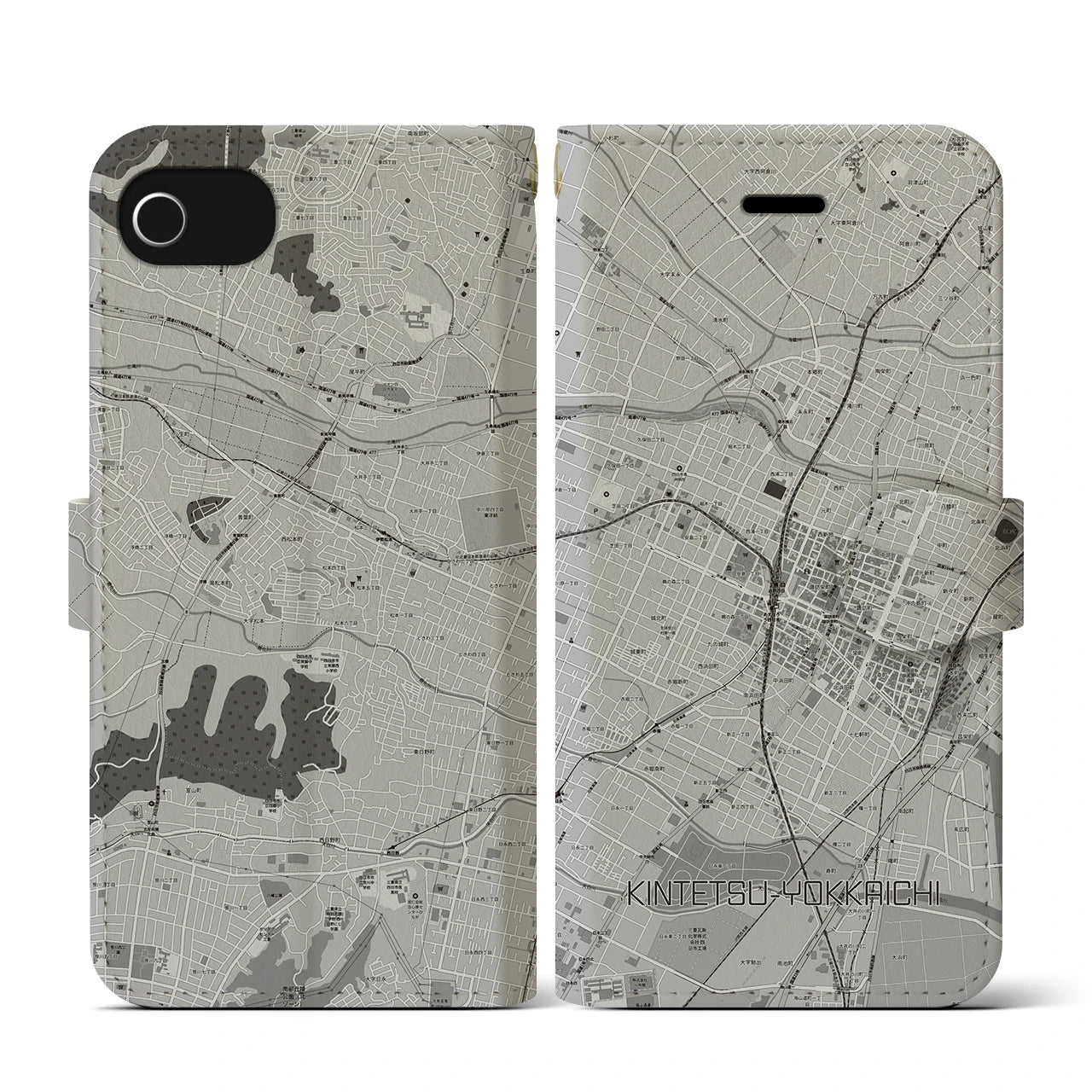 【近鉄四日市(三重県)】地図柄iPhoneケース(手帳タイプ)モノトーン・iPhone SE(第3 / 第2世代) / 8 / 7 / 6s / 6 用