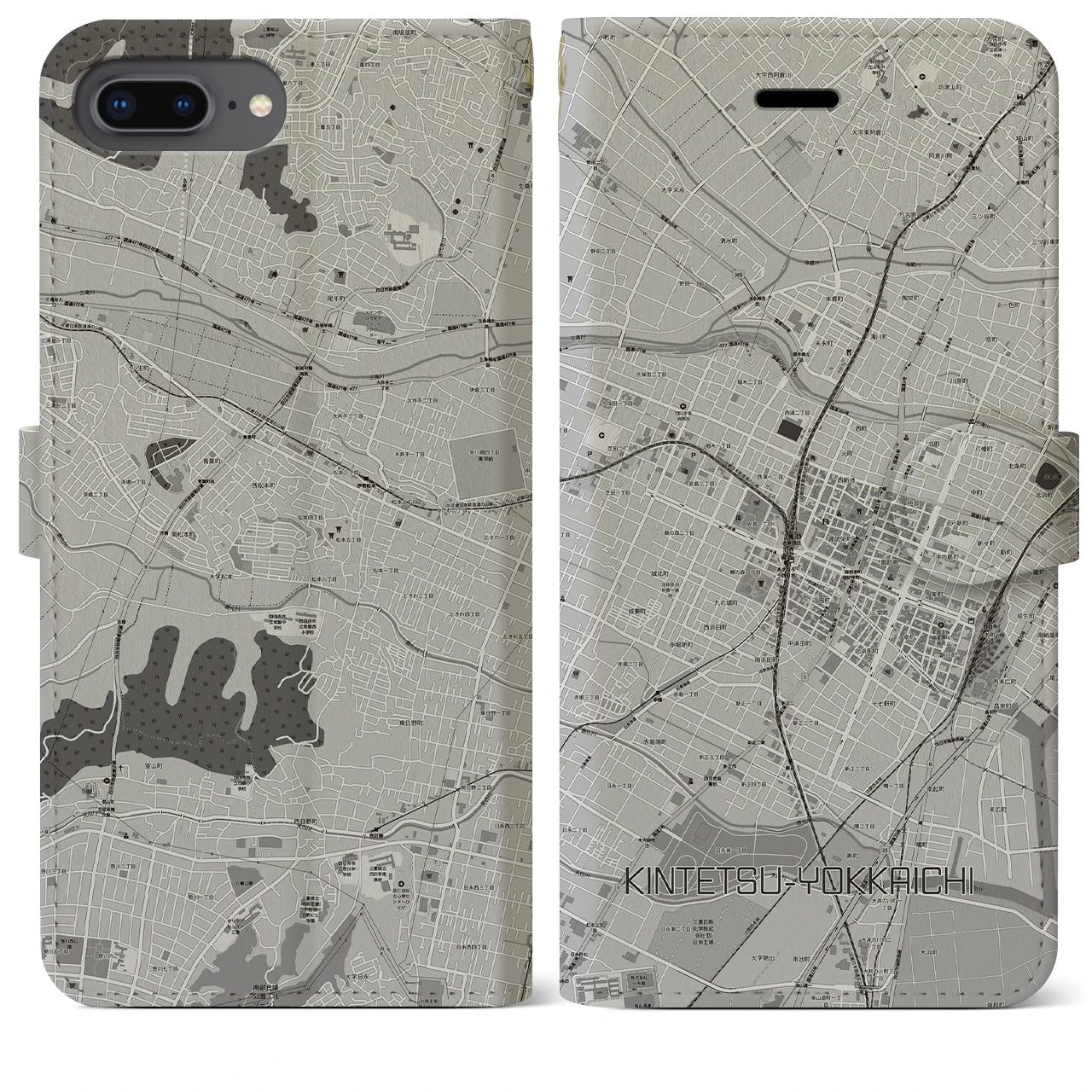 【近鉄四日市(三重県)】地図柄iPhoneケース(手帳タイプ)モノトーン・iPhone 8Plus /7Plus / 6sPlus / 6Plus 用