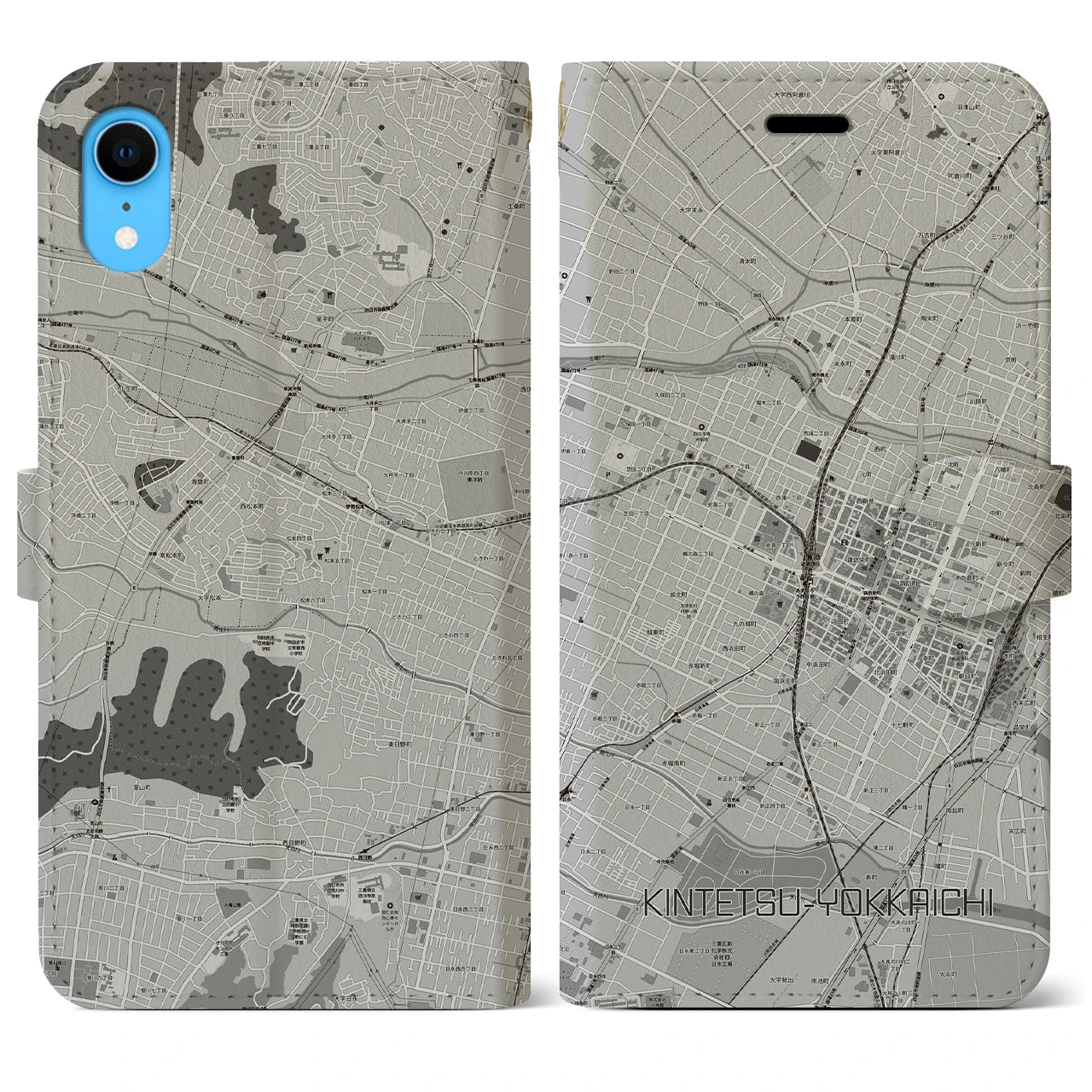 【近鉄四日市(三重県)】地図柄iPhoneケース(手帳タイプ)モノトーン・iPhone XR 用