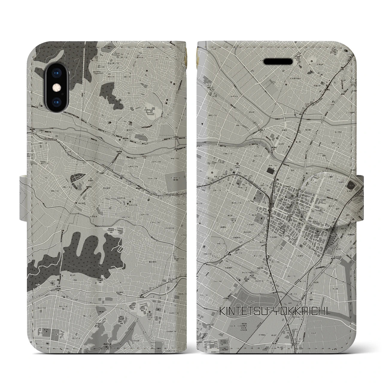【近鉄四日市(三重県)】地図柄iPhoneケース(手帳タイプ)モノトーン・iPhone XS / X 用