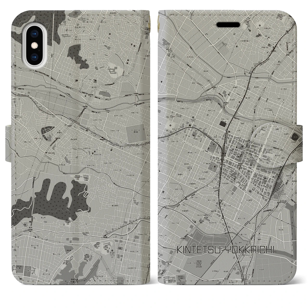 【近鉄四日市(三重県)】地図柄iPhoneケース(手帳タイプ)モノトーン・iPhone XS Max 用