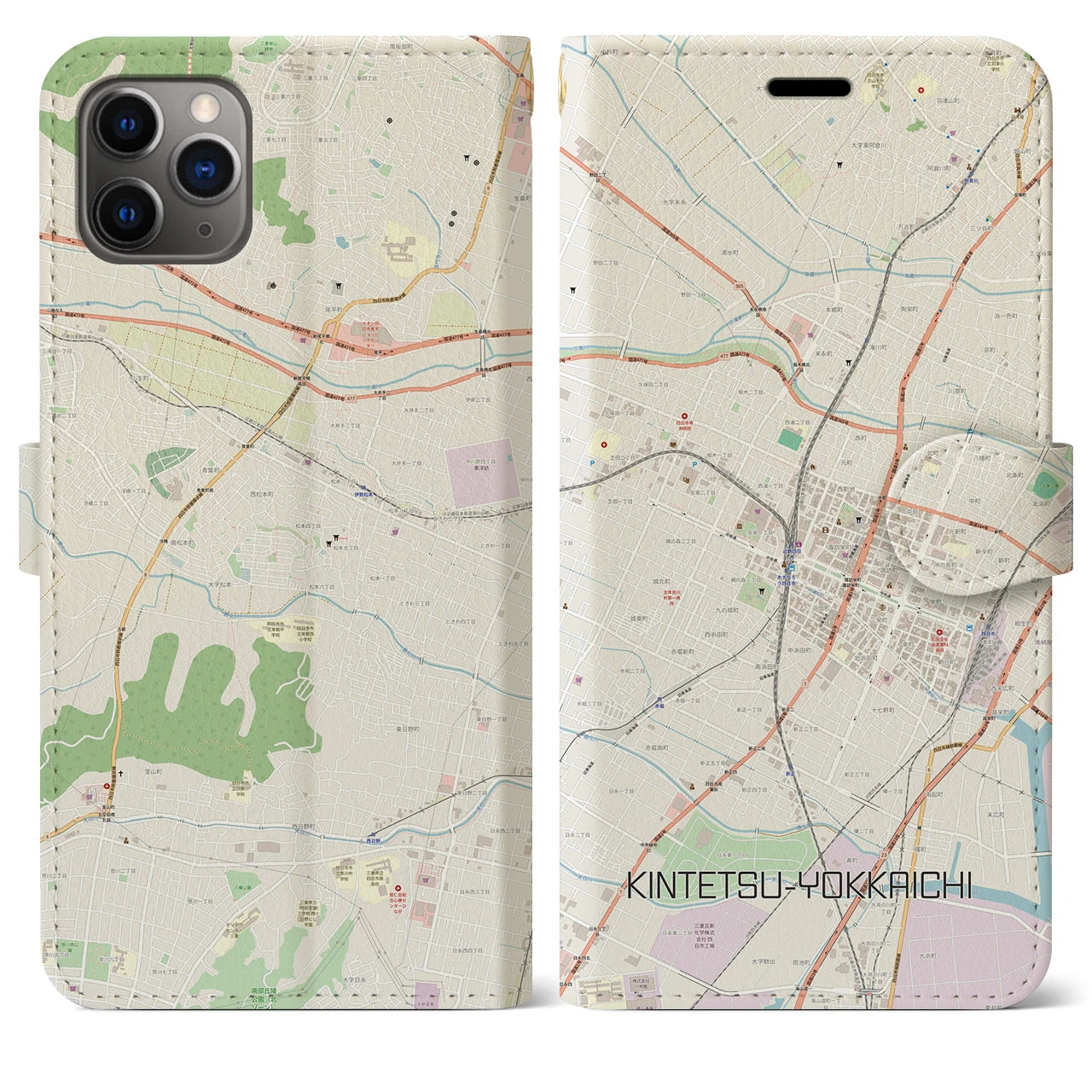 【近鉄四日市(三重県)】地図柄iPhoneケース(手帳タイプ)ナチュラル・iPhone 11 Pro Max 用