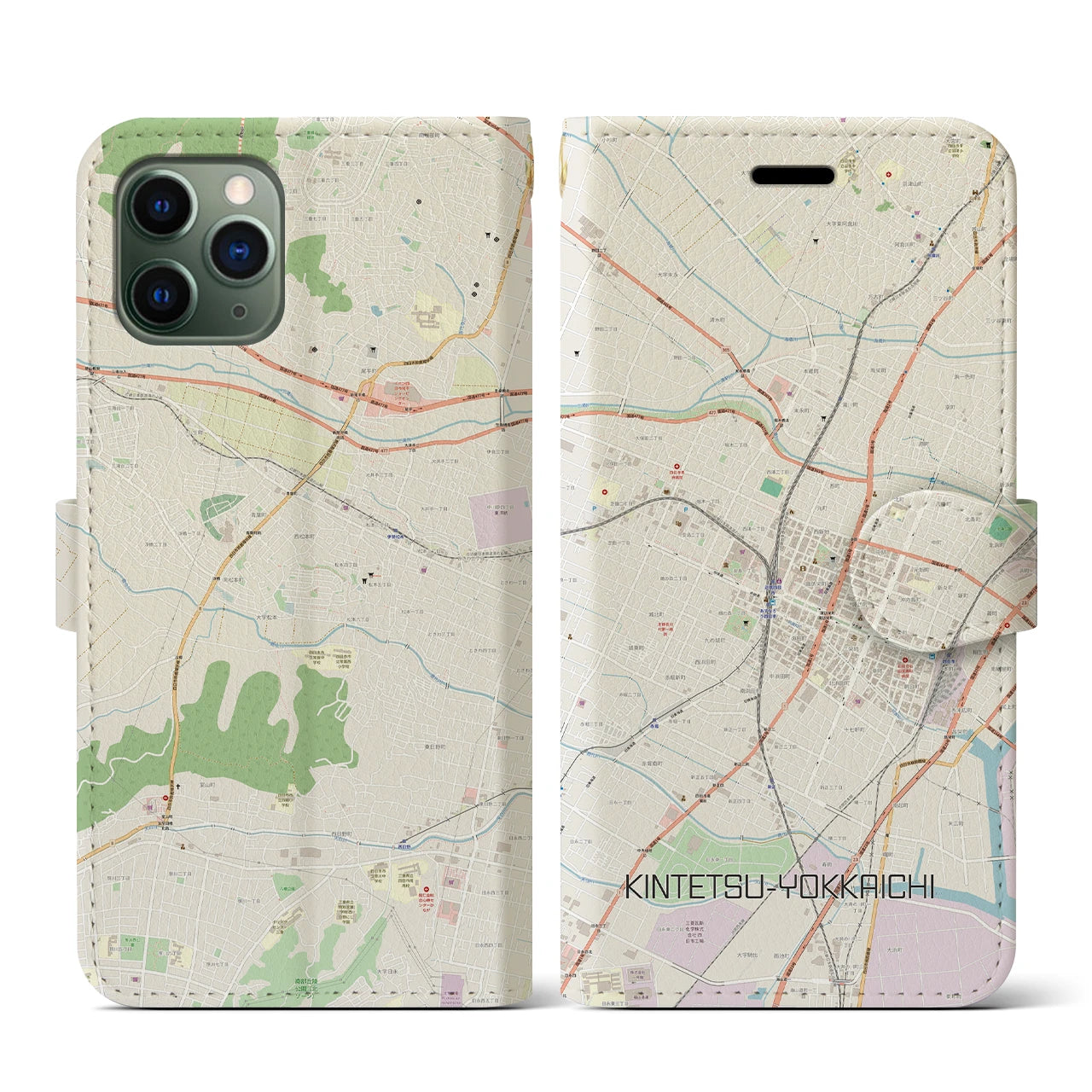 【近鉄四日市(三重県)】地図柄iPhoneケース(手帳タイプ)ナチュラル・iPhone 11 Pro 用