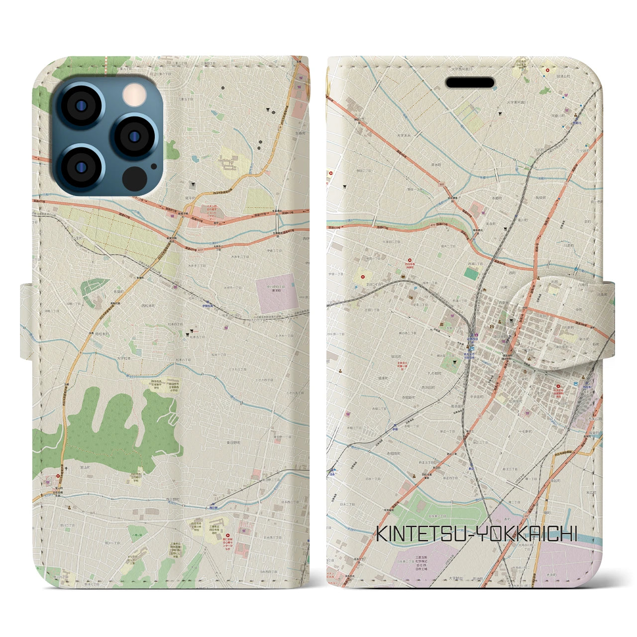 【近鉄四日市(三重県)】地図柄iPhoneケース(手帳タイプ)ナチュラル・iPhone 12 / 12 Pro 用