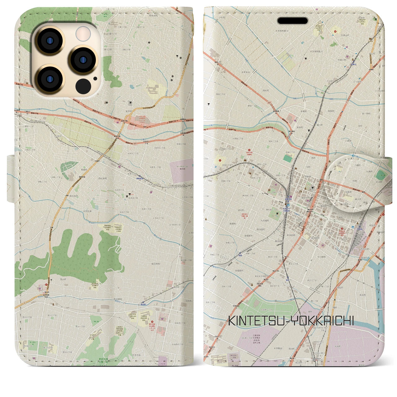 【近鉄四日市(三重県)】地図柄iPhoneケース(手帳タイプ)ナチュラル・iPhone 12 Pro Max 用