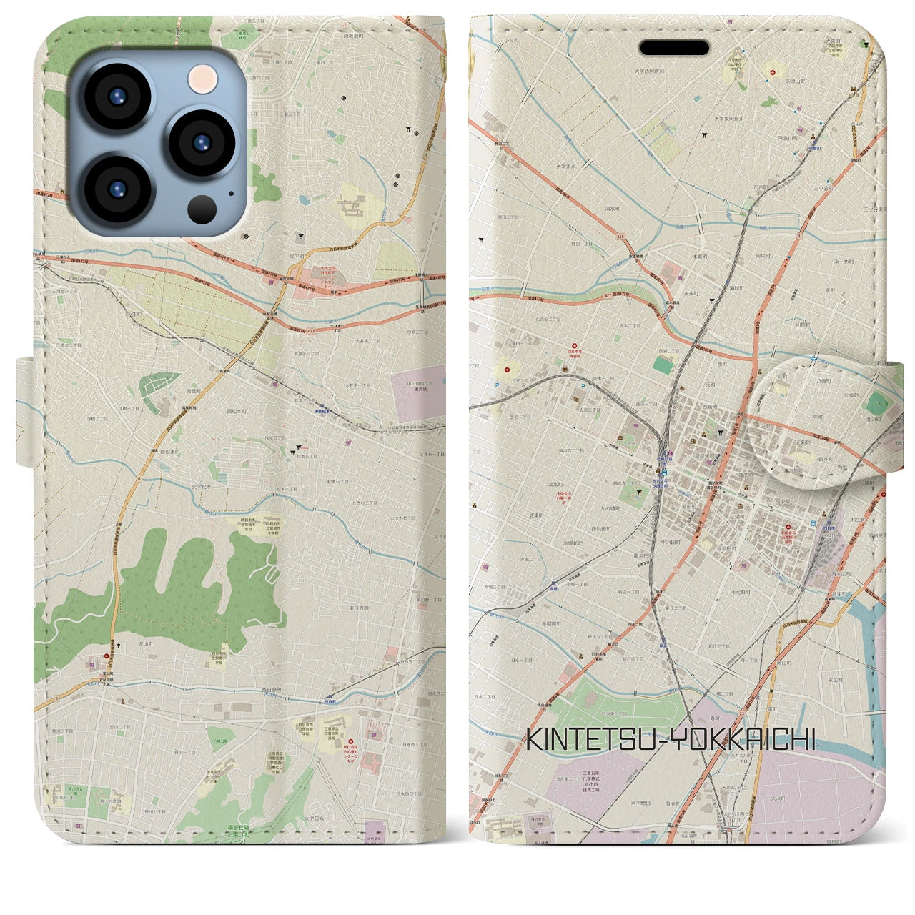 【近鉄四日市(三重県)】地図柄iPhoneケース(手帳タイプ)ナチュラル・iPhone 13 Pro Max 用