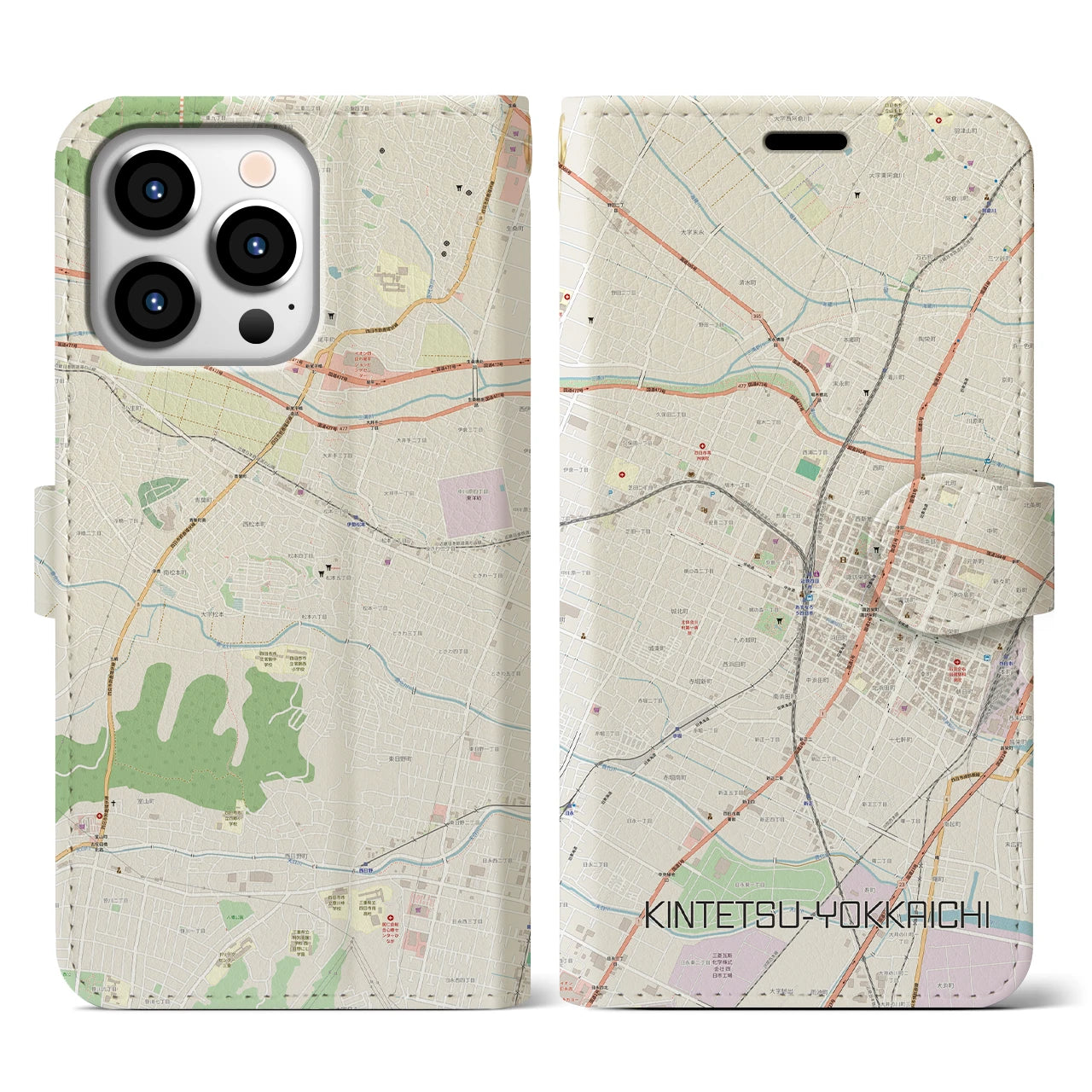 【近鉄四日市(三重県)】地図柄iPhoneケース(手帳タイプ)ナチュラル・iPhone 13 Pro 用