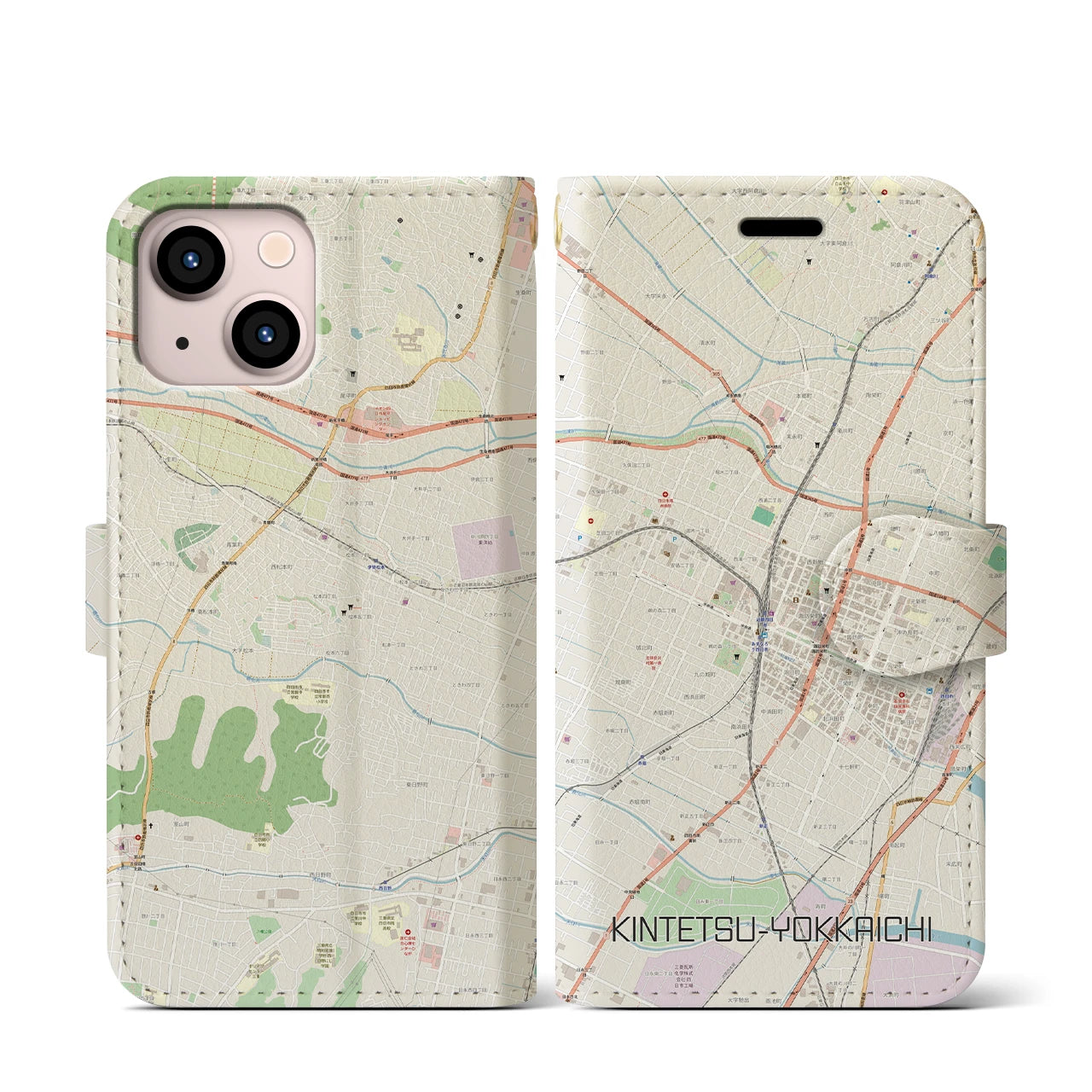 【近鉄四日市(三重県)】地図柄iPhoneケース(手帳タイプ)ナチュラル・iPhone 13 mini 用