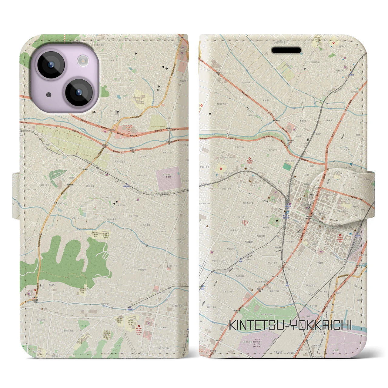 【近鉄四日市(三重県)】地図柄iPhoneケース(手帳タイプ)ナチュラル・iPhone 14 用