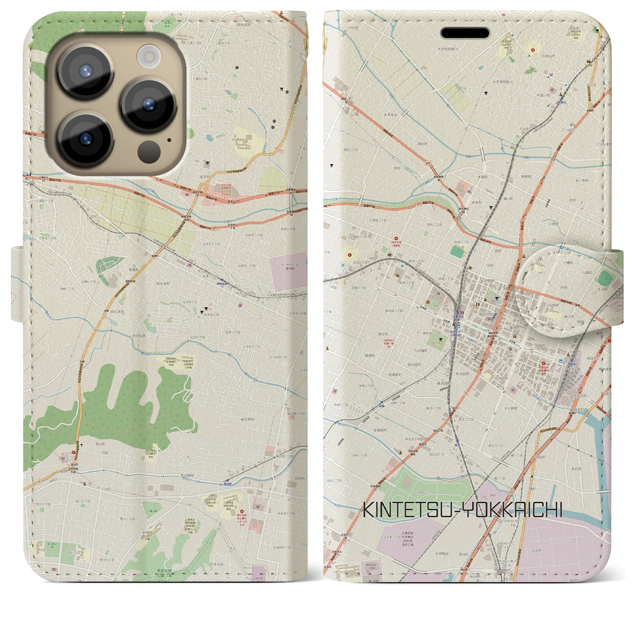【近鉄四日市(三重県)】地図柄iPhoneケース(手帳タイプ)ナチュラル・iPhone 14 Pro Max 用