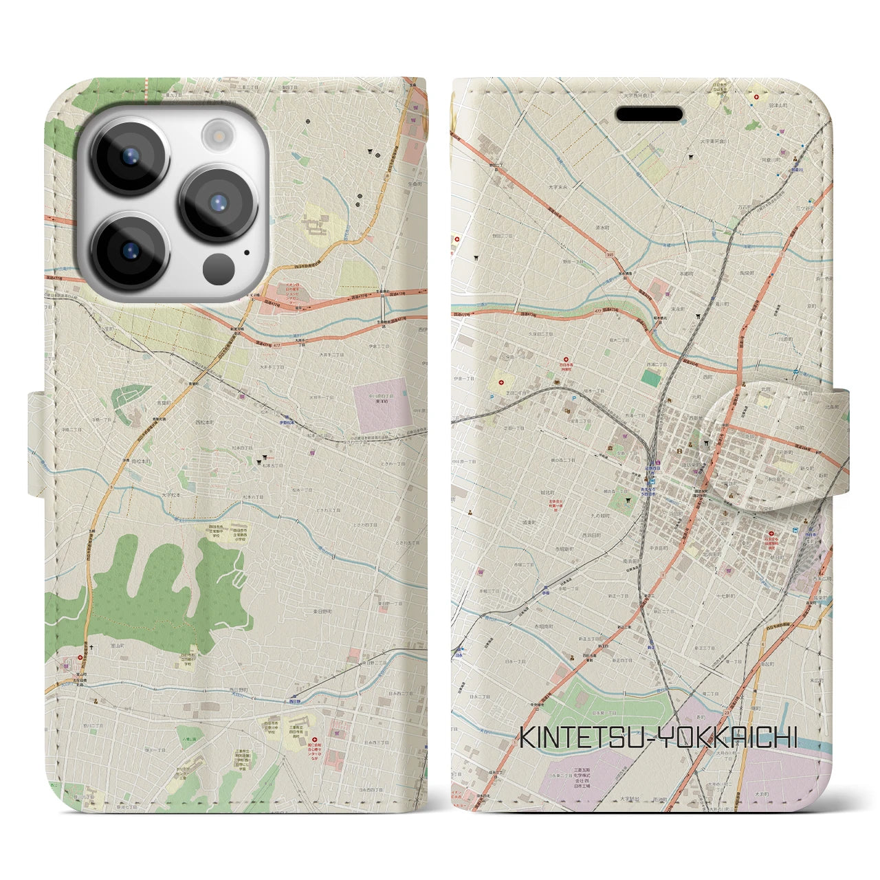 【近鉄四日市(三重県)】地図柄iPhoneケース(手帳タイプ)ナチュラル・iPhone 14 Pro 用