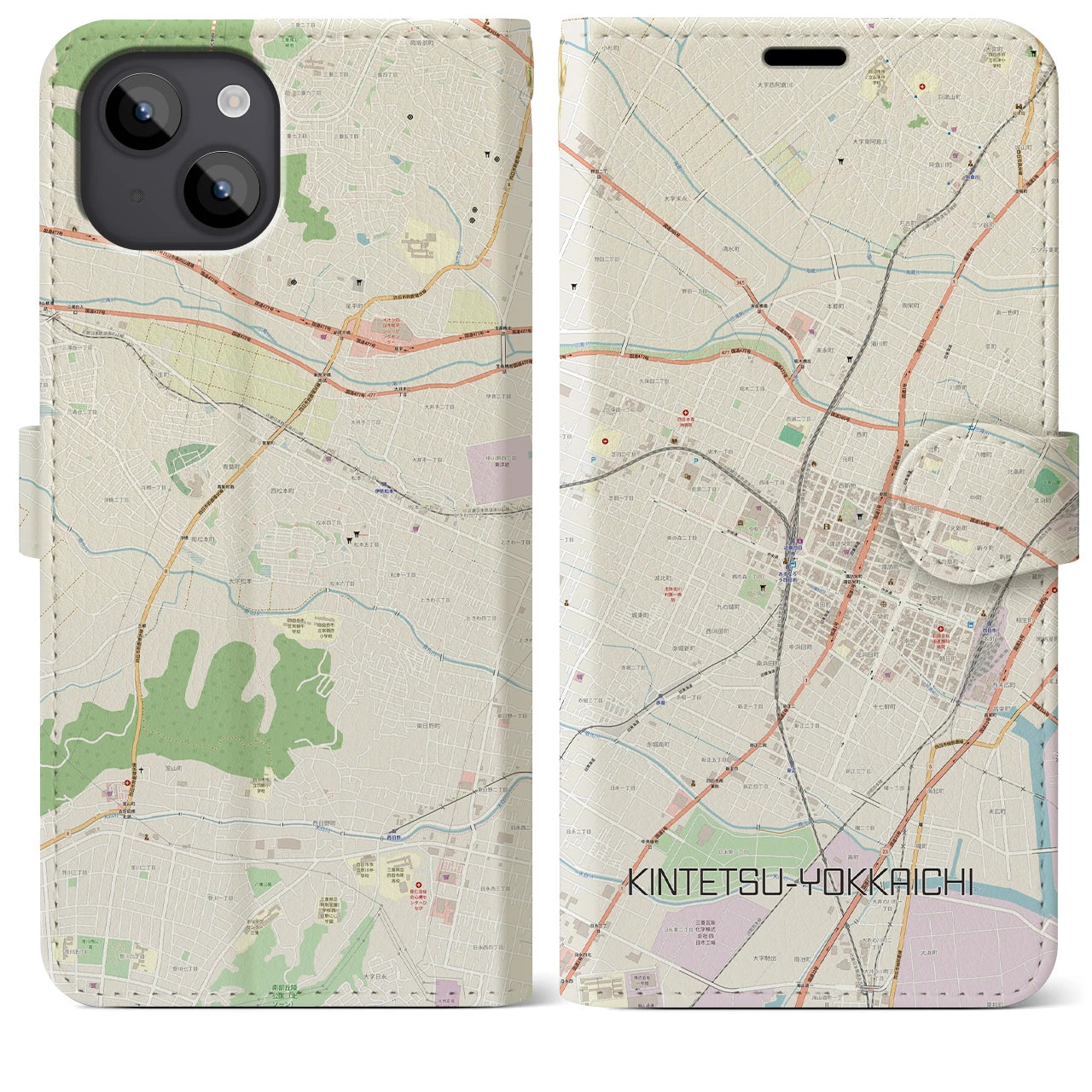 【近鉄四日市(三重県)】地図柄iPhoneケース(手帳タイプ)ナチュラル・iPhone 14 Plus 用