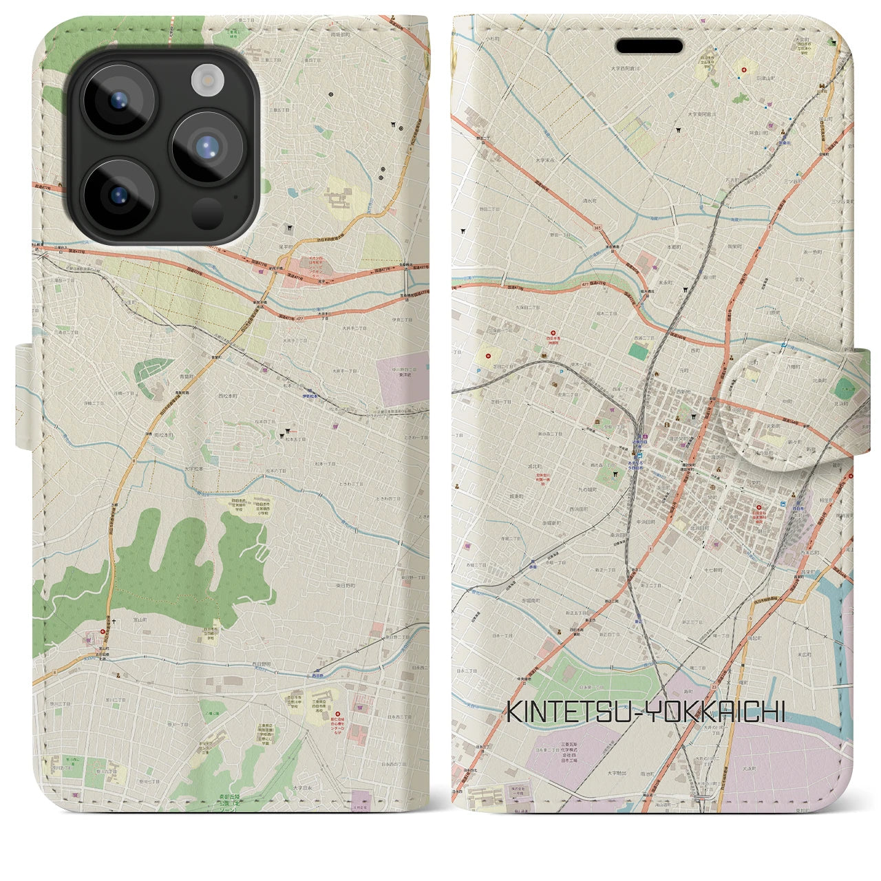 【近鉄四日市(三重県)】地図柄iPhoneケース(手帳タイプ)ナチュラル・iPhone 15 Pro Max 用