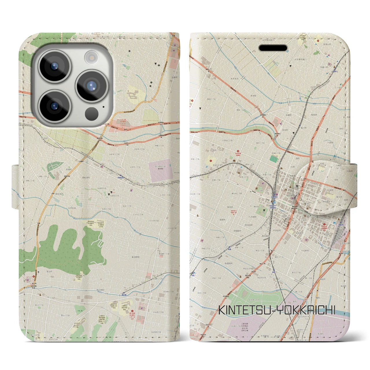 【近鉄四日市(三重県)】地図柄iPhoneケース(手帳タイプ)ナチュラル・iPhone 15 Pro 用