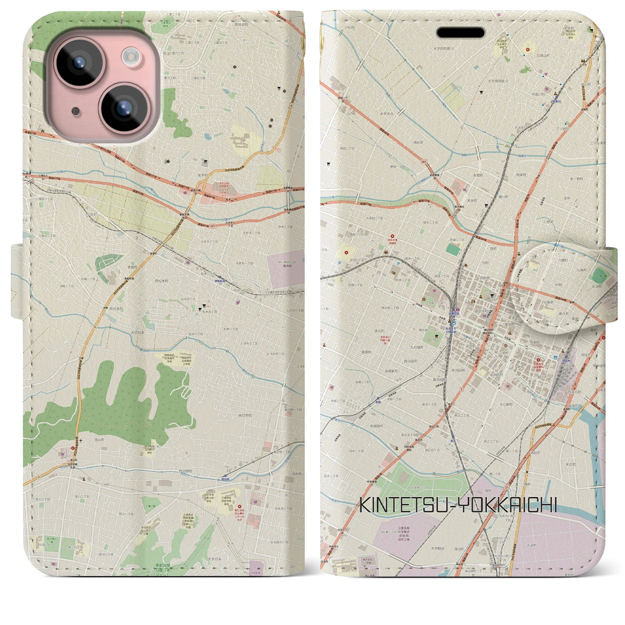 【近鉄四日市(三重県)】地図柄iPhoneケース(手帳タイプ)ナチュラル・iPhone 15 Plus 用