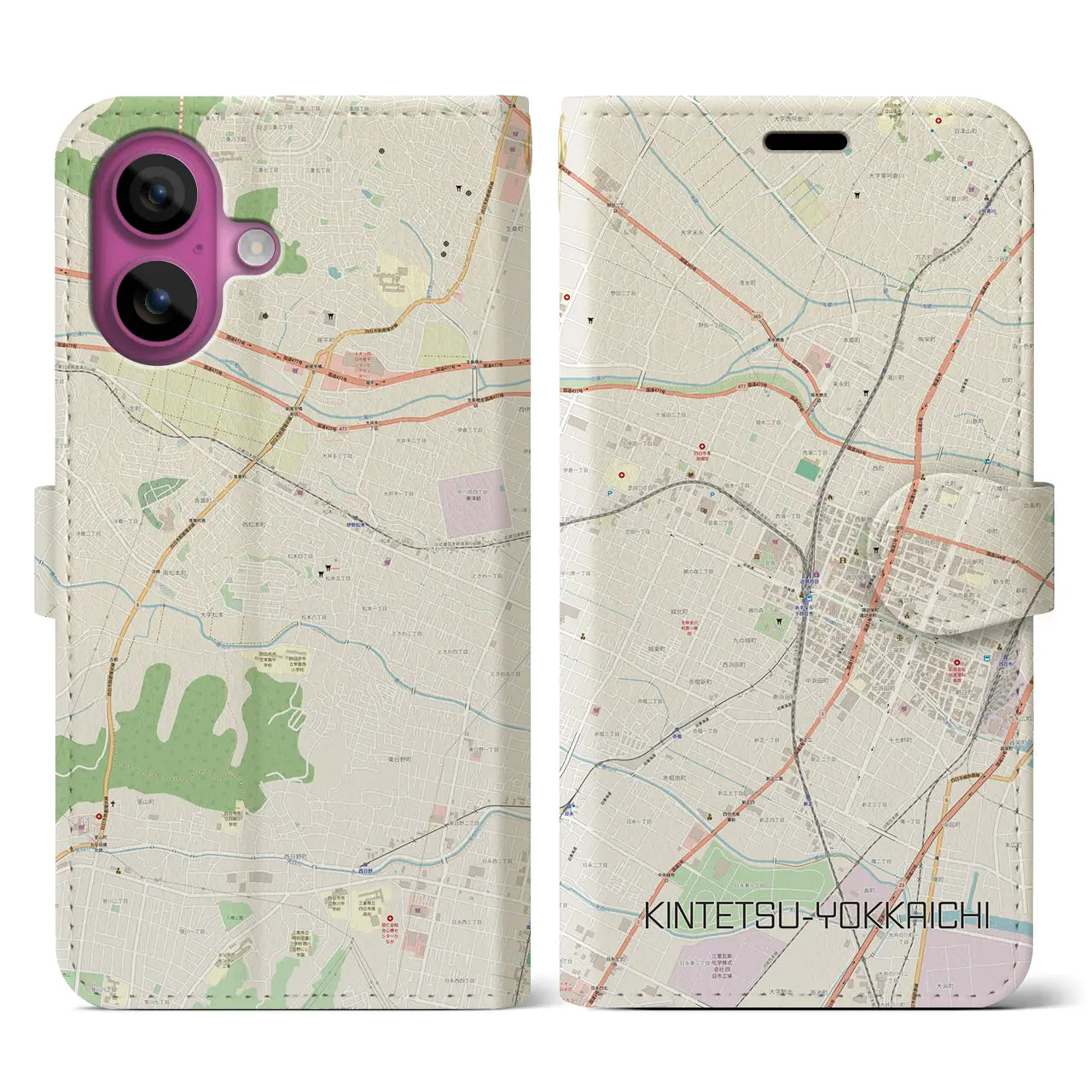 【近鉄四日市(三重県)】地図柄iPhoneケース(手帳タイプ)ナチュラル・iPhone 16 Pro 用