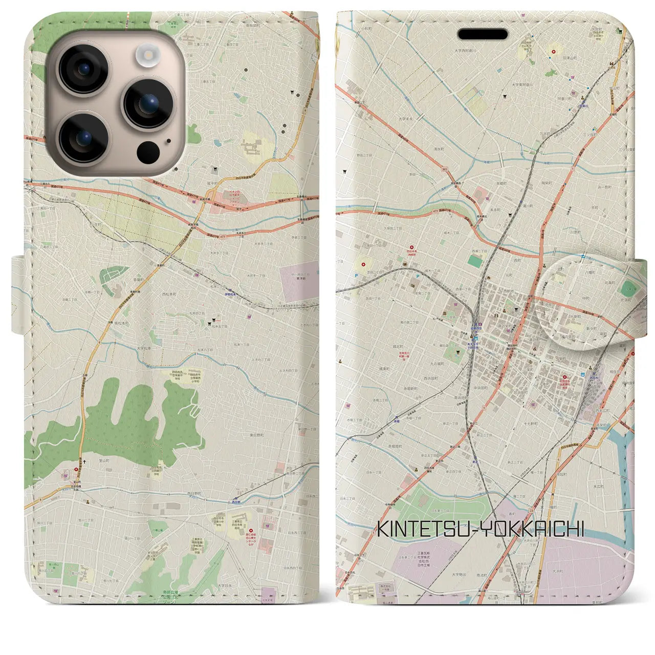 【近鉄四日市(三重県)】地図柄iPhoneケース(手帳タイプ)ナチュラル・iPhone 16 Plus 用