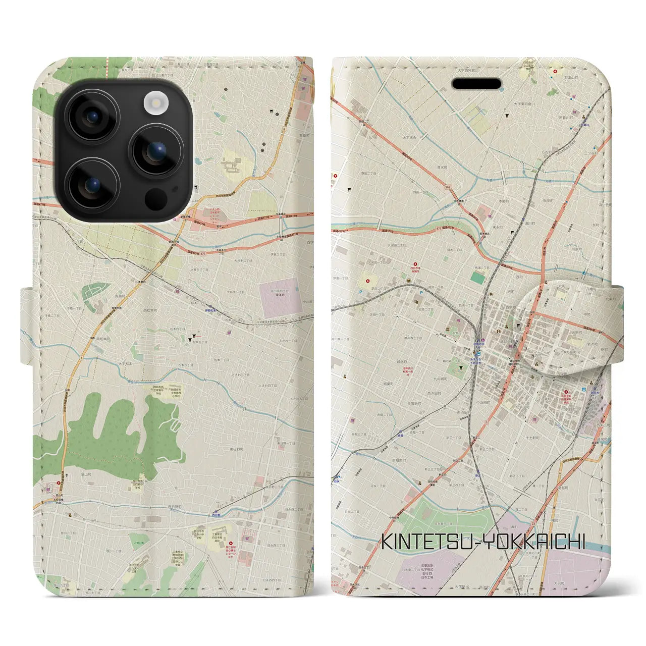 【近鉄四日市(三重県)】地図柄iPhoneケース(手帳タイプ)ナチュラル・iPhone 16 用