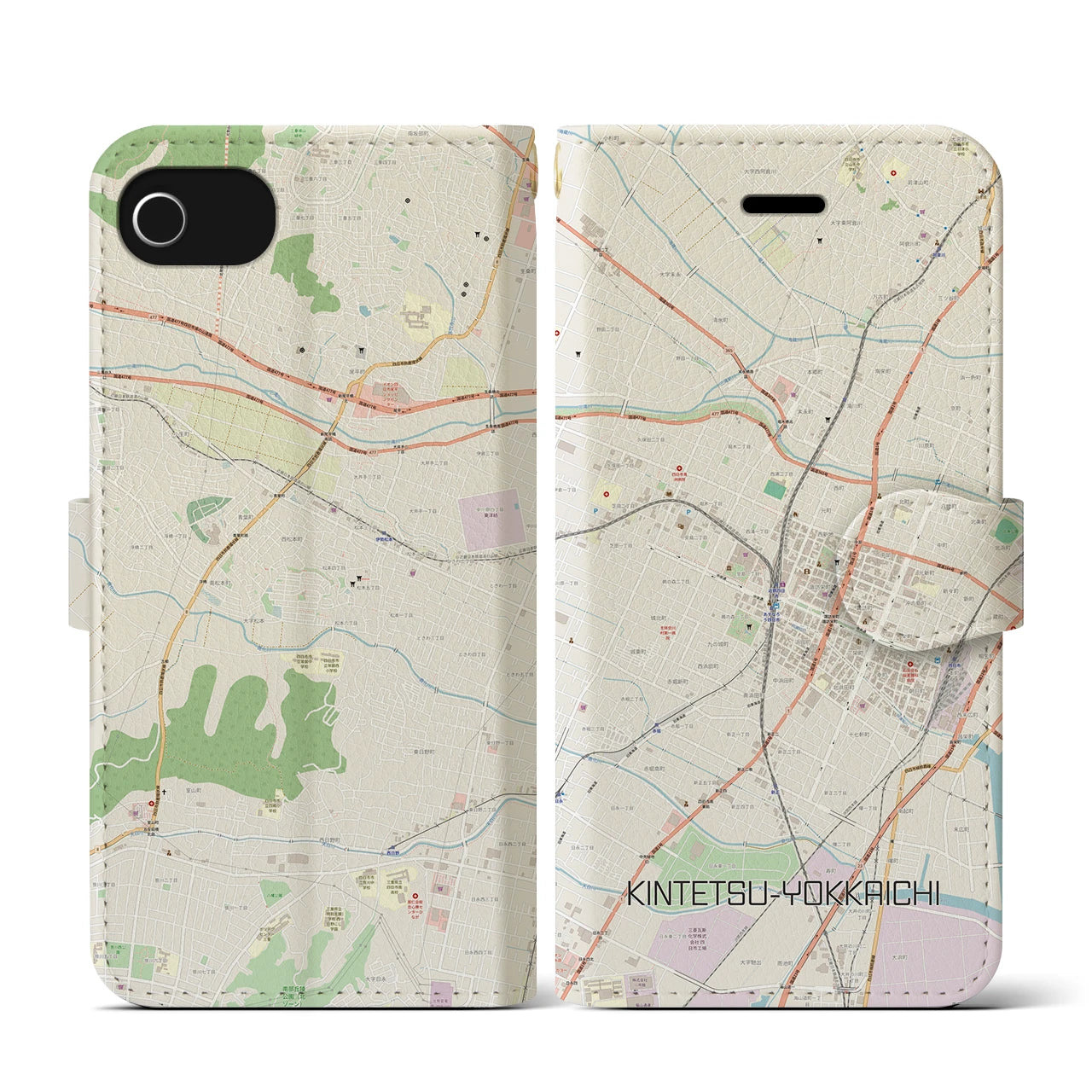 【近鉄四日市(三重県)】地図柄iPhoneケース(手帳タイプ)ナチュラル・iPhone SE(第3 / 第2世代) / 8 / 7 / 6s / 6 用