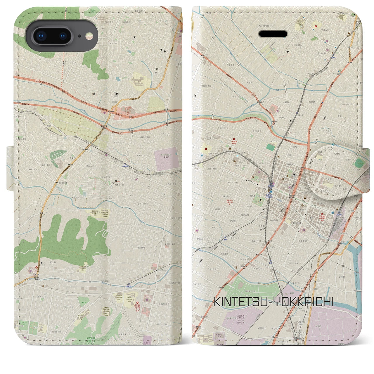 【近鉄四日市(三重県)】地図柄iPhoneケース(手帳タイプ)ナチュラル・iPhone 8Plus /7Plus / 6sPlus / 6Plus 用