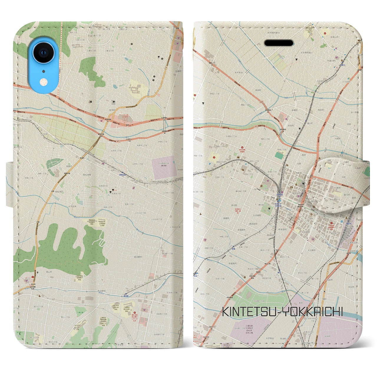 【近鉄四日市(三重県)】地図柄iPhoneケース(手帳タイプ)ナチュラル・iPhone XR 用