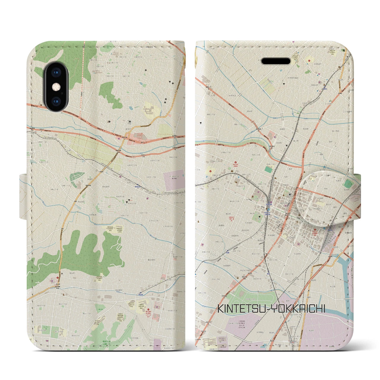 【近鉄四日市(三重県)】地図柄iPhoneケース(手帳タイプ)ナチュラル・iPhone XS / X 用