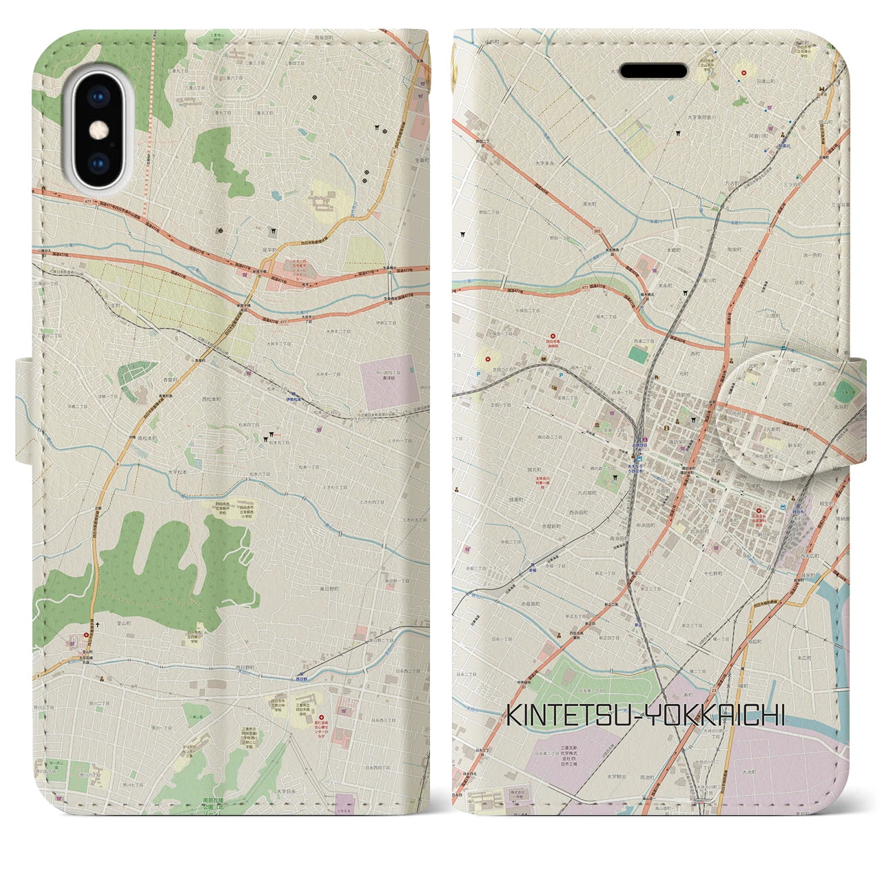 【近鉄四日市(三重県)】地図柄iPhoneケース(手帳タイプ)ナチュラル・iPhone XS Max 用