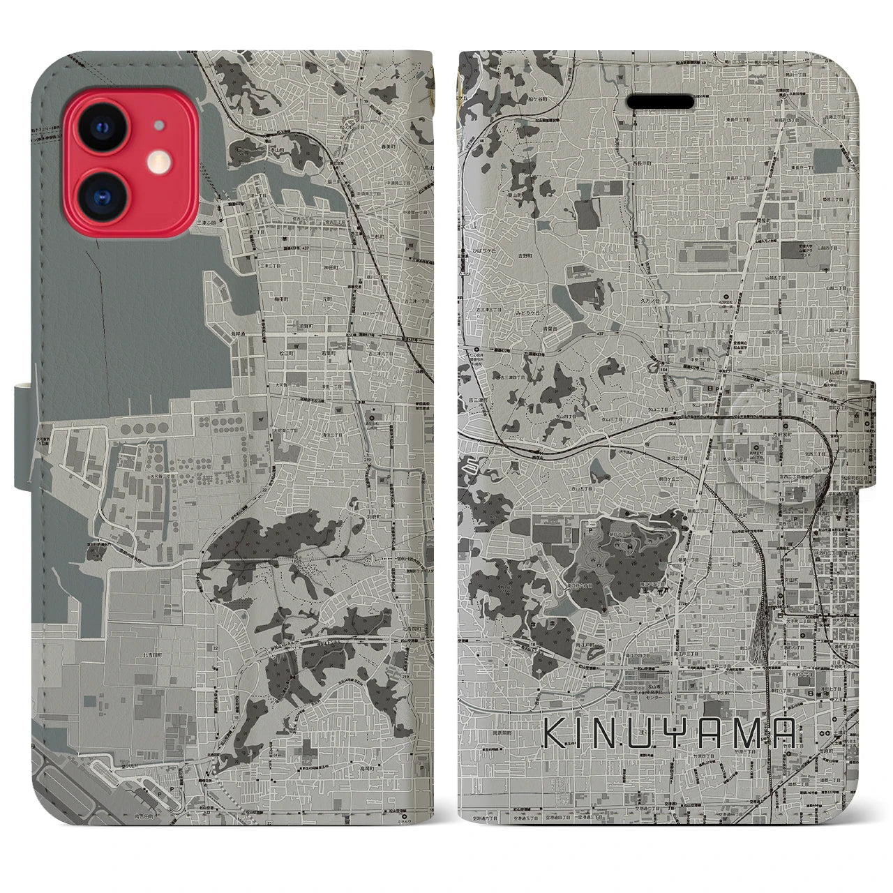 【衣山(愛媛県)】地図柄iPhoneケース(手帳タイプ)モノトーン・iPhone 11 用