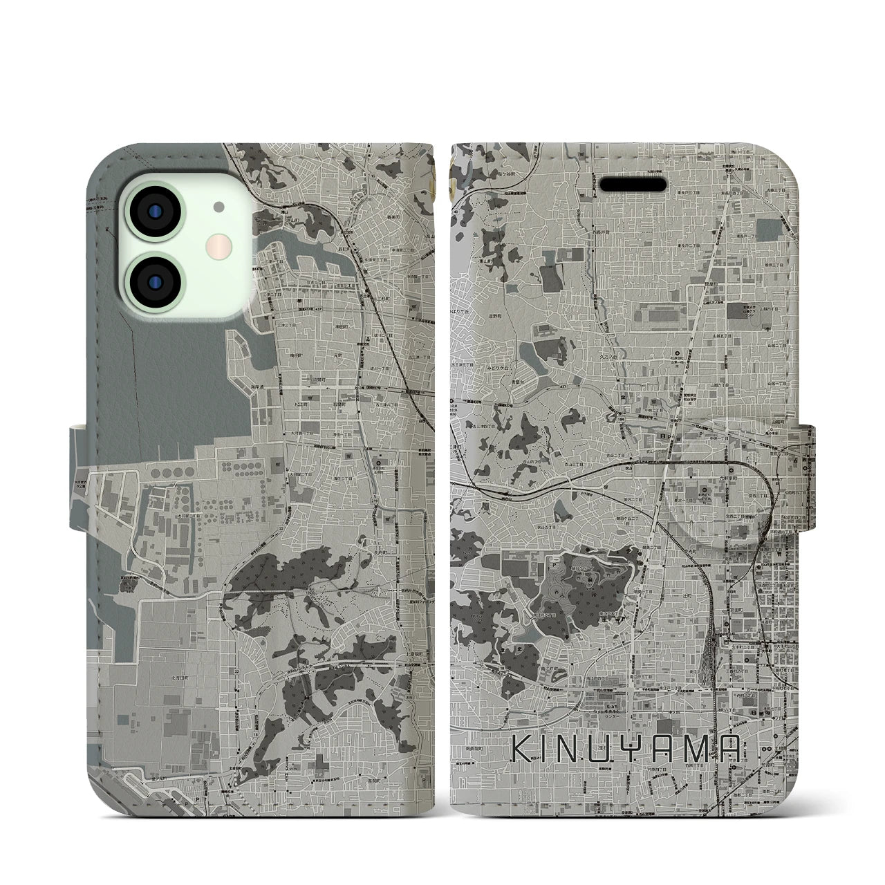 【衣山(愛媛県)】地図柄iPhoneケース(手帳タイプ)モノトーン・iPhone 12 mini 用