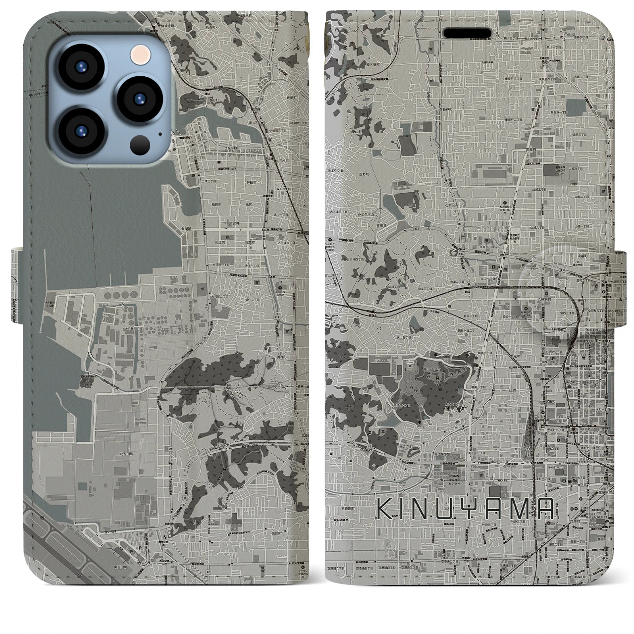 【衣山(愛媛県)】地図柄iPhoneケース(手帳タイプ)モノトーン・iPhone 13 Pro Max 用